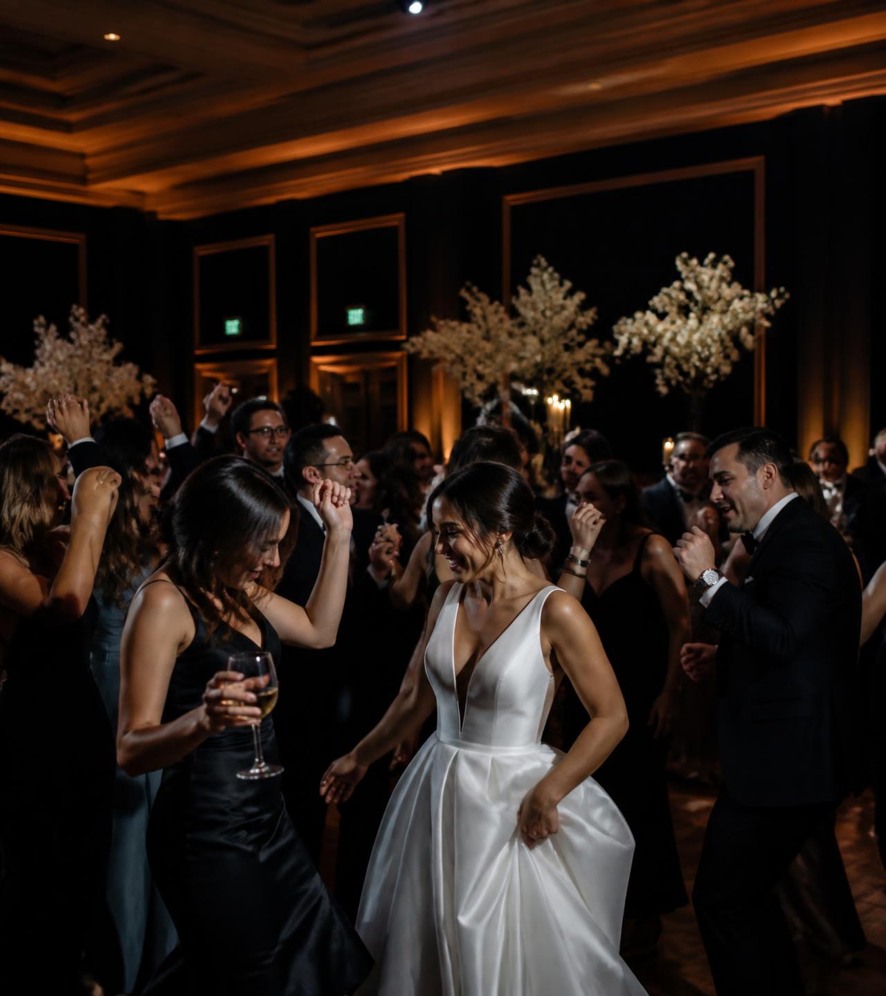 Wedding guests dancing at a Charlotte reception with warm uplighting