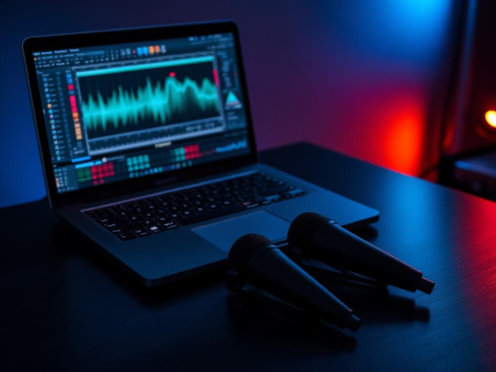 Laptop running Serato DJ Pro next to two wireless handheld microphones