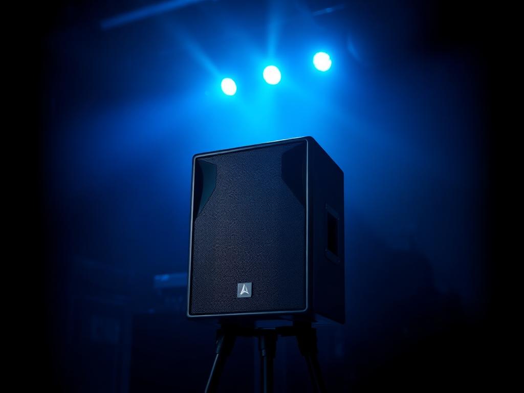 EV powered speaker on a stand lit with blue stage light